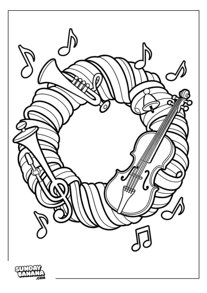A wreath wrapped in ribbon features a trumpet and a violin resting on it. Several musical notes are scattered around the wreath. The image is black and white, intended as a coloring page. The “Sunday Banana” logo appears in the bottom left corner.