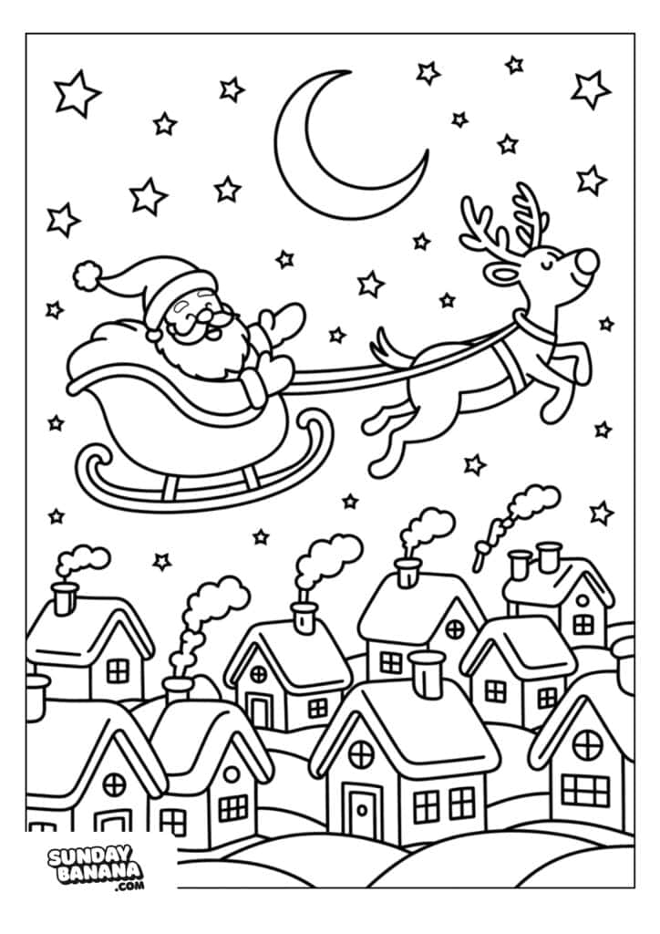 Santa Claus rides in a sleigh pulled by a reindeer, flying above snowy rooftops of houses at night. Smoke rises from chimneys; stars and a crescent moon shine in the sky. The scene is outlined in black and white, ready for coloring.