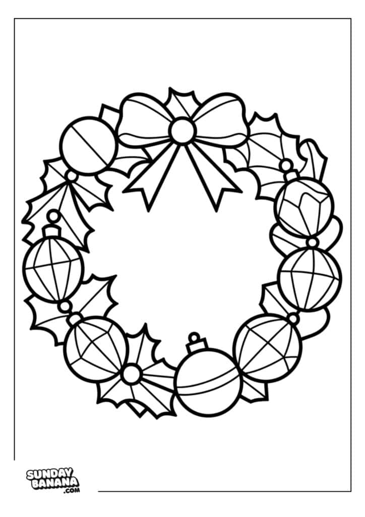 A Christmas wreath outlined in black features holly leaves, berries, round ornaments, and a large ribbon bow at the top. The wreath forms a circle with decorations evenly spaced. The image has a plain background and a small Sunday Banana logo in the lower left corner.