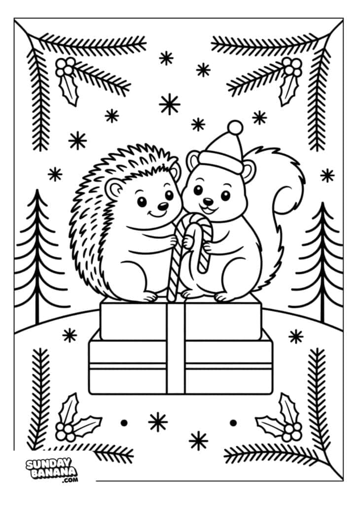 Two cute animals, a hedgehog and a squirrel in a winter hat, sit on a wrapped gift and share candy canes. Snowflakes, holly leaves, berries, and pine trees decorate the festive background. The image is outlined for coloring.
