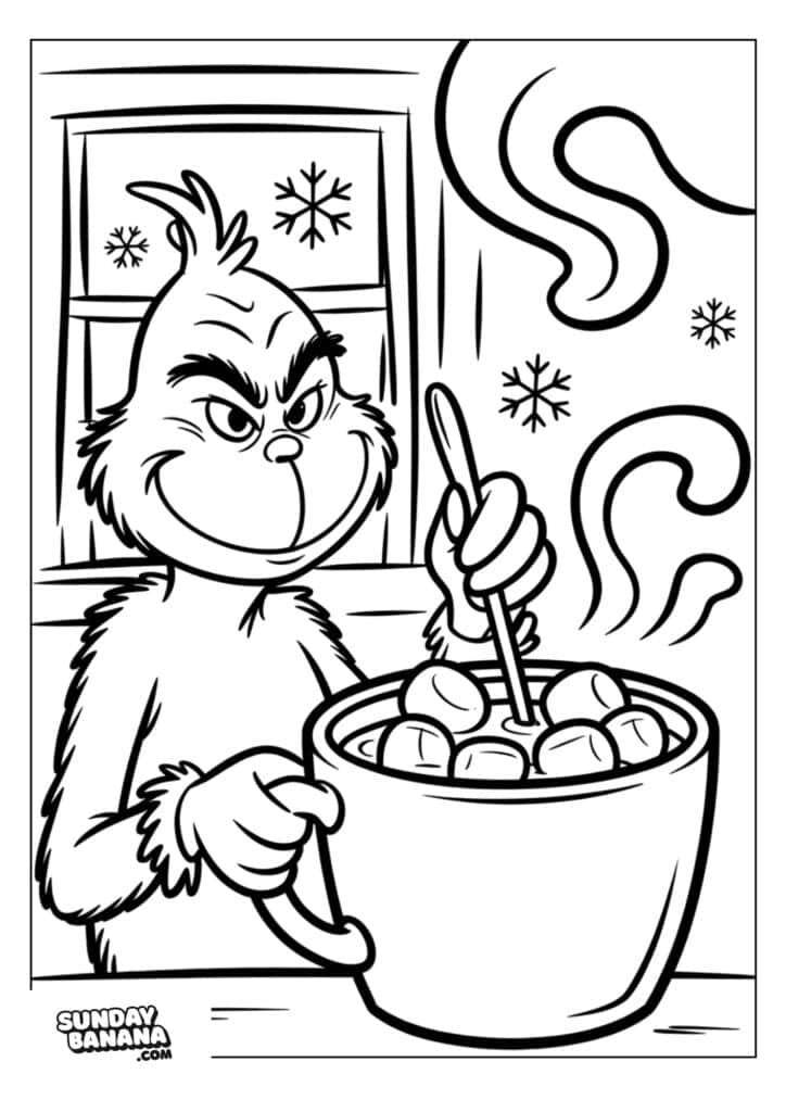 A smiling Grinch stands indoors, holding a large mug filled with marshmallows and stirring it. Snowflakes are visible outside the window, and steam rises from the mug, suggesting a hot drink. The scene is in black and white, ready to be colored.