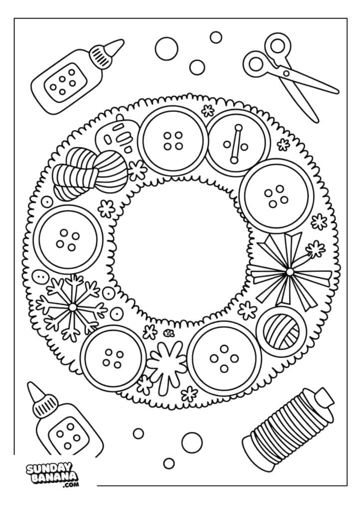 A coloring page of a holiday wreath decorated with large buttons, snowflakes, stars, a yarn ball, and ribbon, surrounded by craft supplies like glue bottles, a spool of thread, and scissors. The lines are bold and simple for easy coloring.