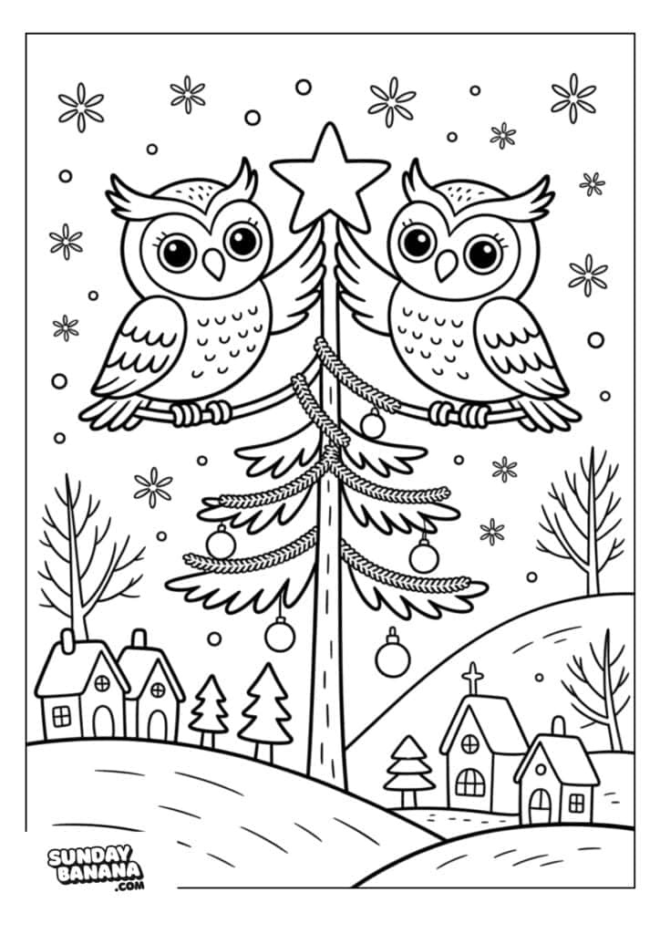 Two owls perch on a star-topped pine tree decorated with garlands and ornaments. Snow falls over a winter village of houses, a church with a cross, snow-covered hills, and evergreen trees in the background. The scene is playful and festive.