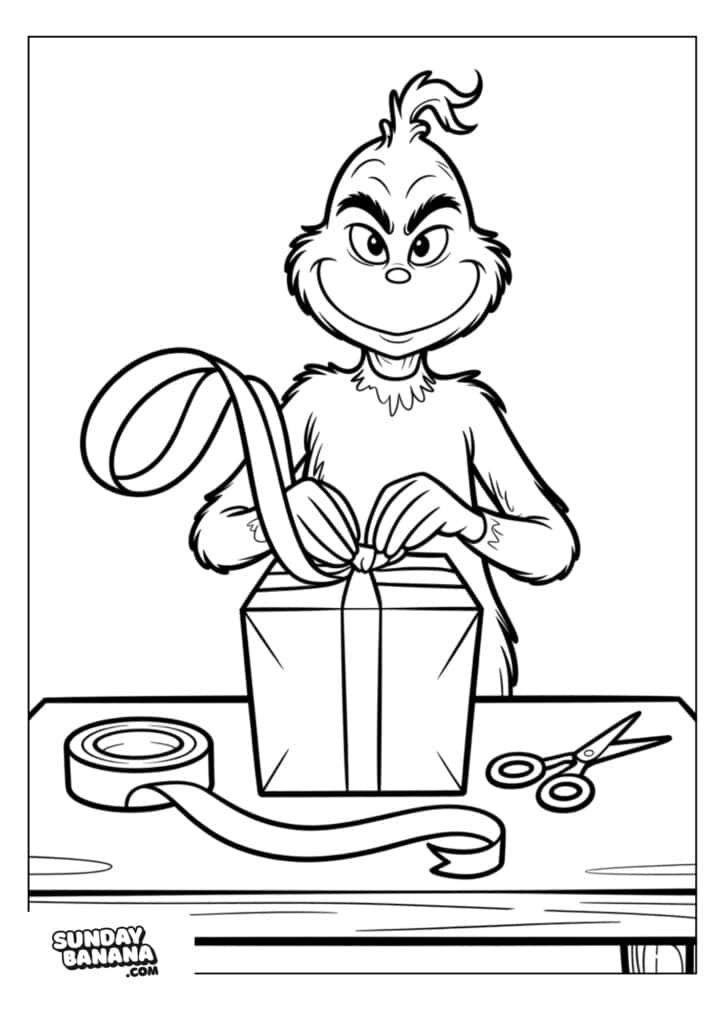Black-and-white line drawing of the Grinch wrapping a present. The Grinch smiles mischievously while tying a ribbon on a gift box. A table holds ribbon, scissors, and tape. The image is designed as a coloring page with a blank background.