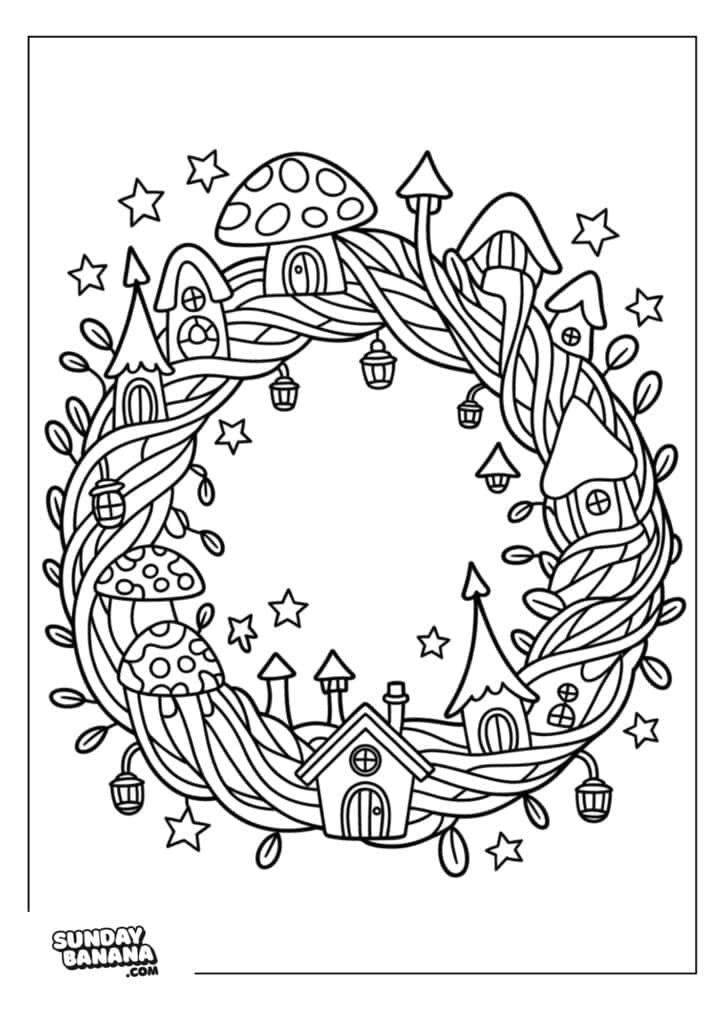 A whimsical coloring page of a circular wreath made of intertwined branches, decorated with small fairy houses, mushrooms, stars, and hanging lanterns. The design has a magical, fantasy woodland theme. SundayBanana.com is in the bottom left corner.