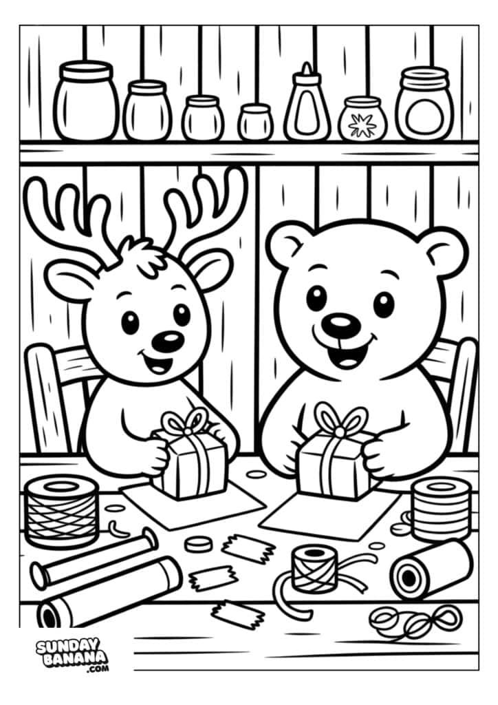 A reindeer and a bear sit at a table wrapping presents with ribbon and paper. Shelves above hold jars and bottles. Both animals smile, surrounded by rolls of ribbon, scissors, and tape in a cozy, wooden room.