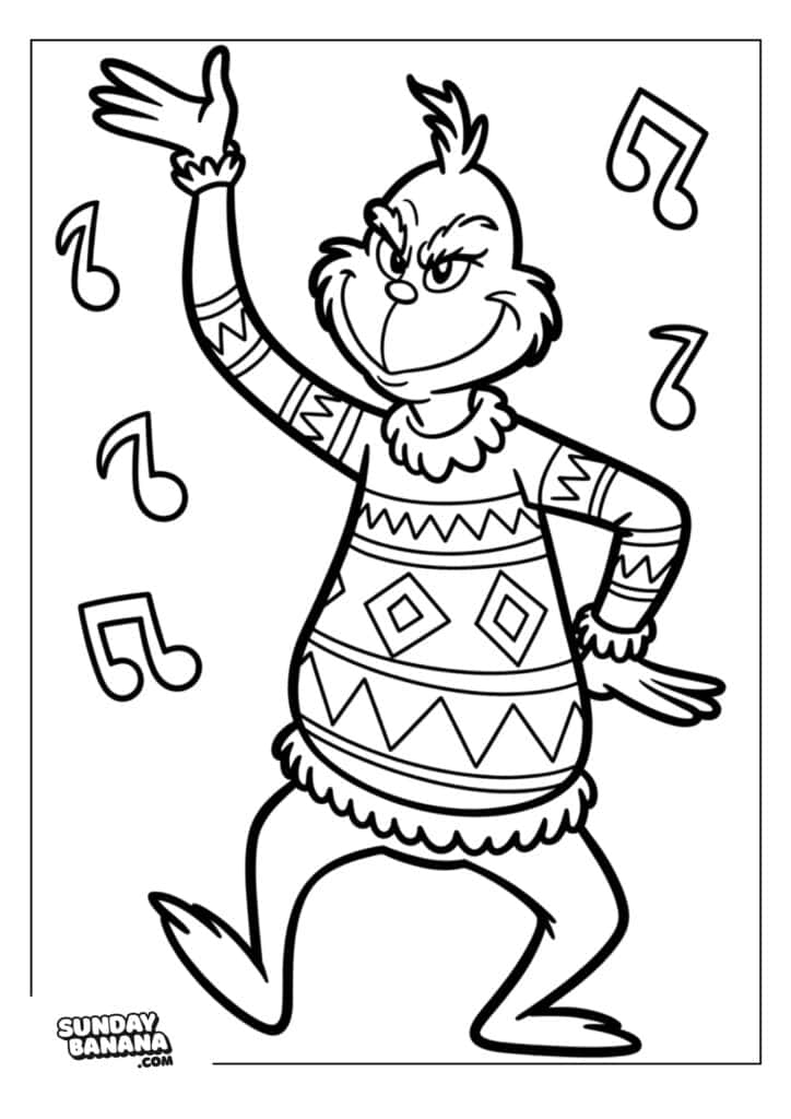 A cartoon Grinch stands on one leg, wearing a festive patterned sweater with zigzags and diamonds. One arm is raised, the other rests on their hip. Musical notes float around, suggesting dancing. The scene is outlined for coloring.