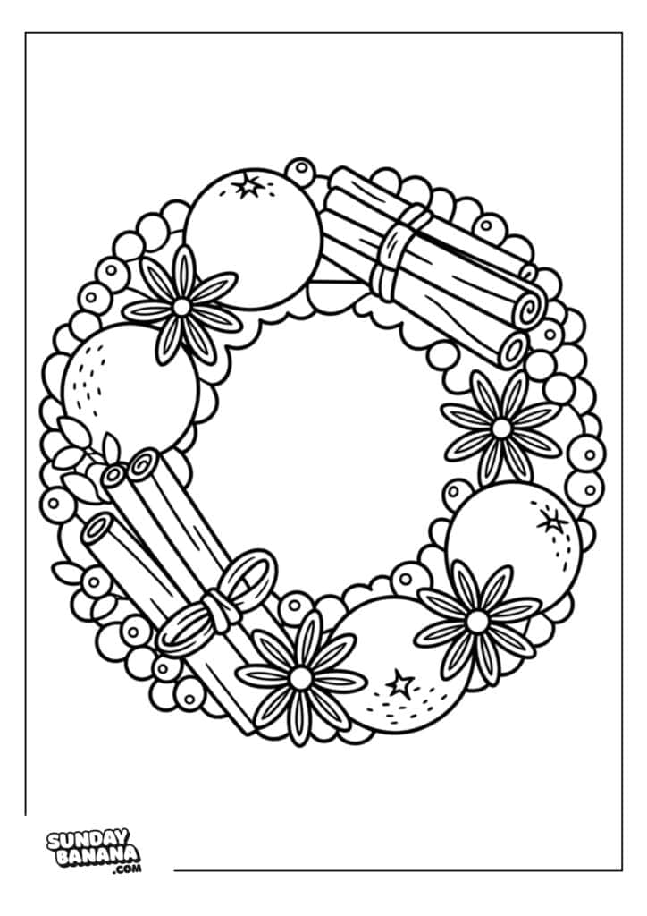 A black-and-white coloring page of a holiday wreath made of oranges, cinnamon sticks tied with ribbon, star anise, and clusters of berries. The wreath is circular, with decorative details. SundayBanana.com is written in the lower left corner.
