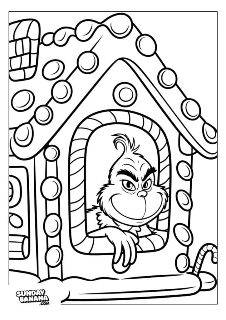 A mischievous Grinch with a sly smile peers out a window of a gingerbread house decorated with icing and round candies. The scene is outlined in black and white, meant for coloring. SUNDAYBANANA.COM is in the bottom left corner.