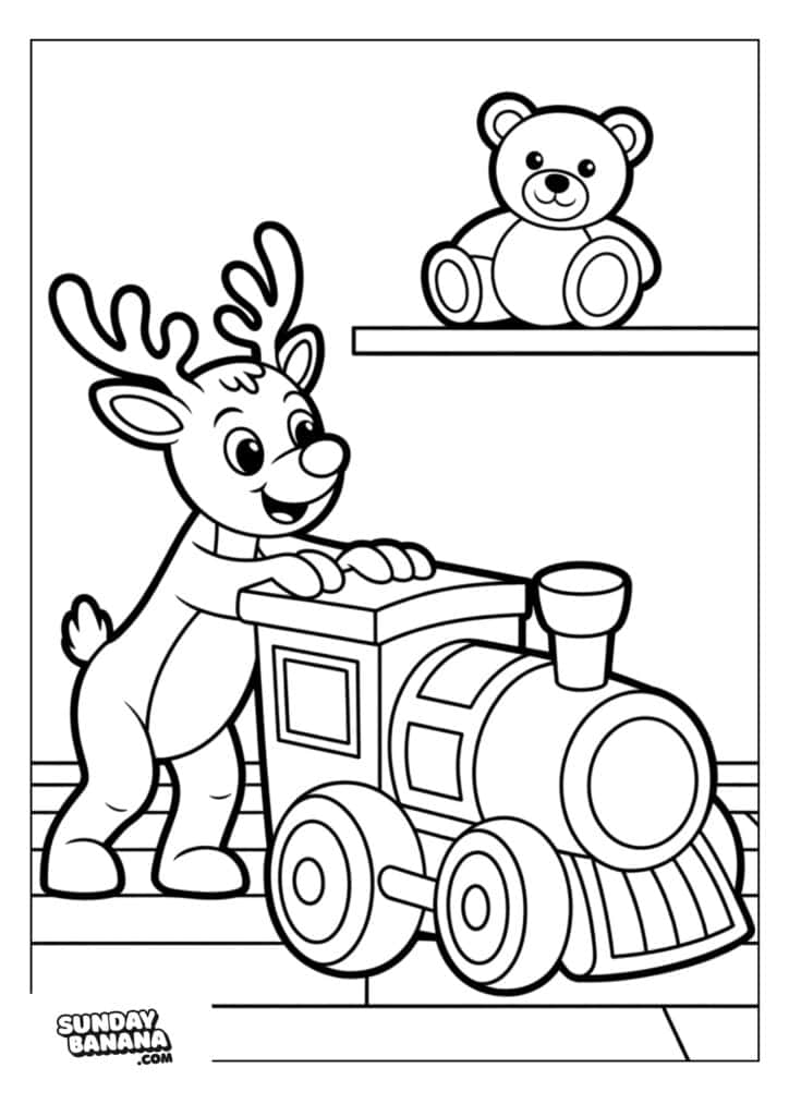 A cheerful reindeer stands next to a large toy train, smiling and placing its hooves on the train’s roof. A teddy bear sits on a shelf above in the background. The scene is simple and outlined, appearing as a coloring book page.