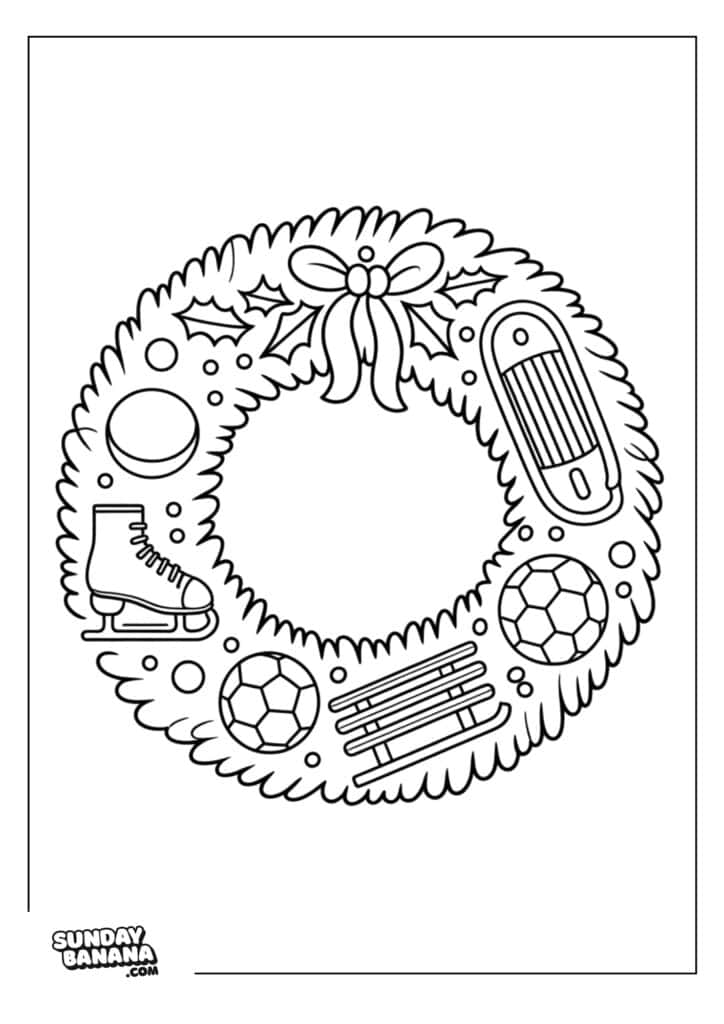 A festive wreath decorated with holly, a bow, a skateboard, an ice skate, two soccer balls, and two hockey sticks. The wreath is circular with various round ornaments and a blank center. The image is black and white and ready to be colored in.