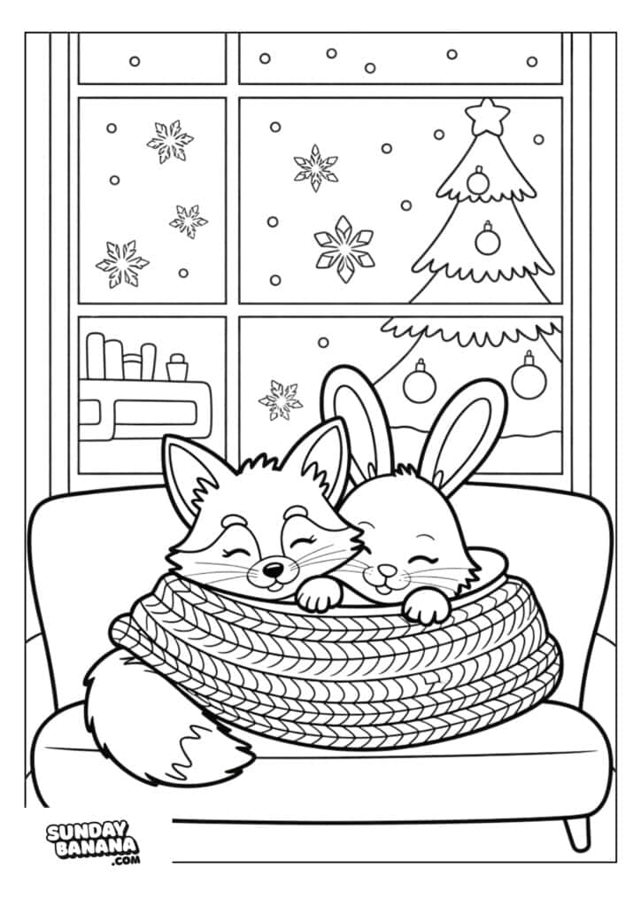 A fox and a rabbit cuddle under a knitted blanket on a sofa. Behind them, a window shows snowflakes falling and a decorated Christmas tree. Books sit on a shelf by the window. The scene feels cozy and festive.