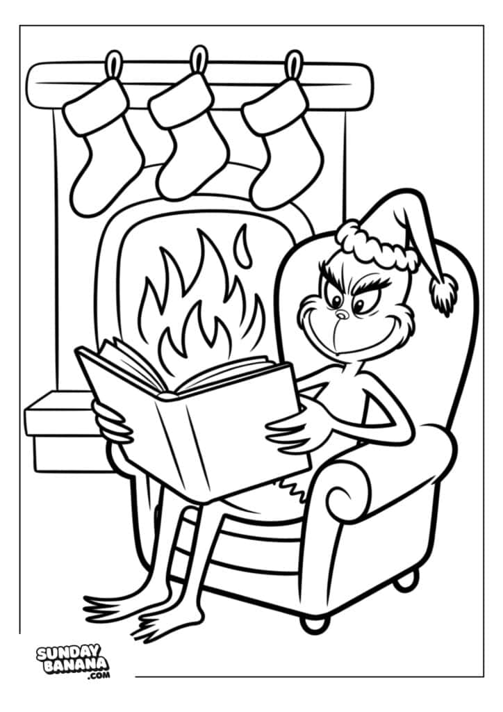 The Grinch, wearing a Santa hat, sits in an armchair by a fireplace with three stockings hanging above. He is reading a large book and looks mischievous. The scene is a coloring page with simple, bold outlines.