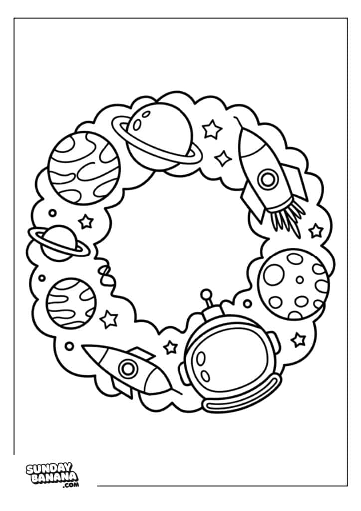 A circular wreath with planets, rockets, stars, and an astronaut helmet. The planets and rockets are arranged around the wreath, with clouds and small stars filling the spaces. The image is an outlined coloring page from SundayBanana.com.