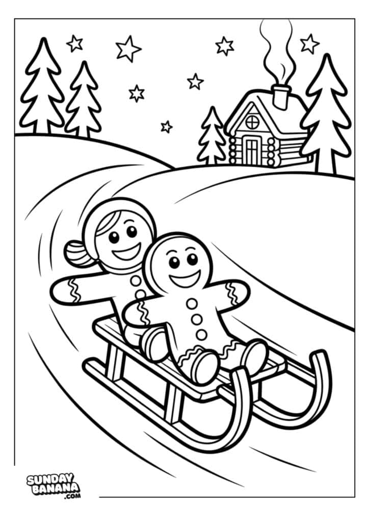 Two smiling gingerbread figures sled down a snowy hill. Behind them is a log cabin with smoke rising from its chimney, surrounded by snowy trees. Stars shine in the night sky. The scene is cheerful and wintry.