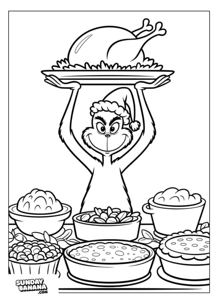 A grinning character in a Santa hat holds a large roasted turkey overhead. The table in front of them is covered with various pies and dishes, all in a cartoon style. The image is black and white, ready to be colored.