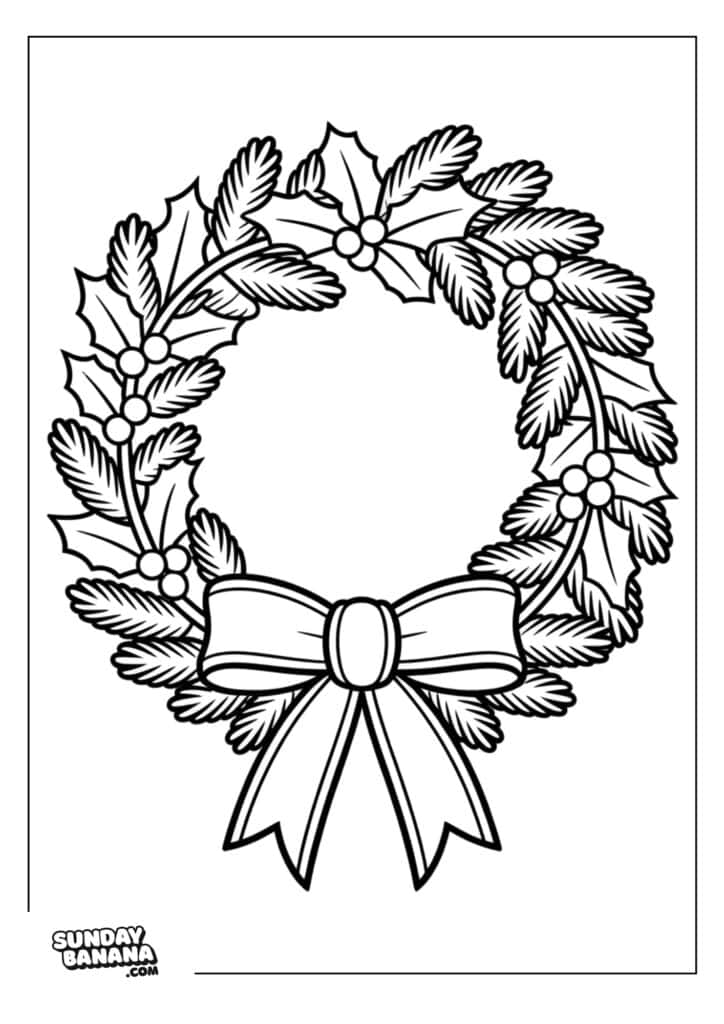 Black and white coloring page of a holiday wreath made of holly leaves, berries, and pine branches. A large, decorative bow is at the bottom center. The image has a simple border and “Sunday Banana.com” is in the lower left corner.