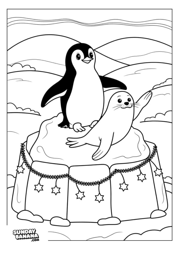 A cartoon penguin and seal sit together on a decorated ice block with star garlands. The background shows rolling snowy hills, clouds, and sky. The penguin stands with wings out, and the seal waves with a flipper. The scene is outlined for coloring.