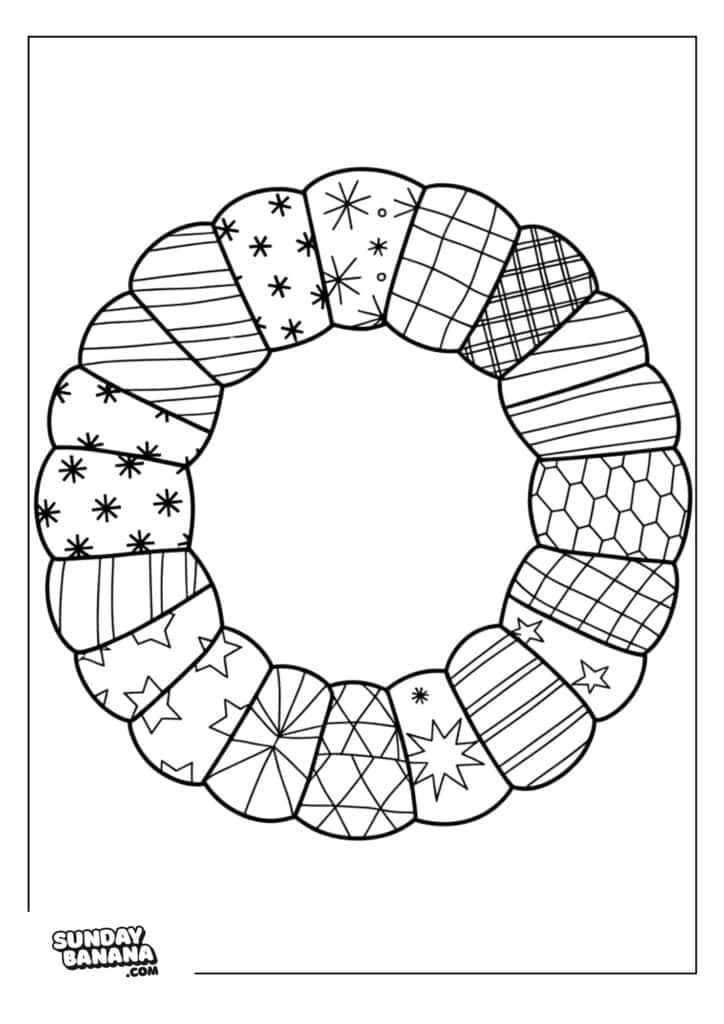 A circular holiday wreath coloring page with sections decorated in various patterns, such as stars, stripes, dots, and checks. The wreath is outlined in black and white, and the center is empty. “SundayBanana.com” is printed in the lower left corner.