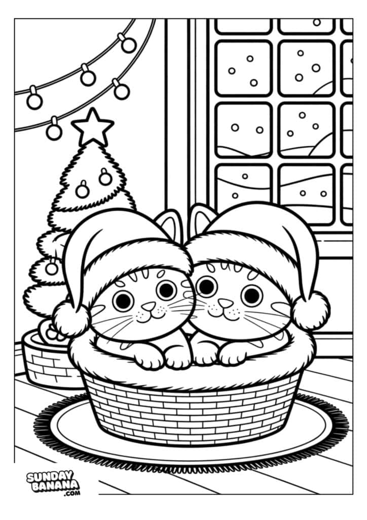Two cute kittens wearing Santa hats sit together in a woven basket. Behind them is a decorated Christmas tree with a star on top. Snow falls outside a window, creating a festive holiday scene. The style is line art, suitable for coloring.