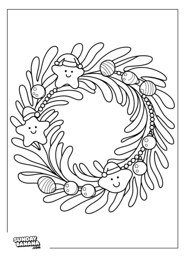 A festive wreath outlined for coloring, decorated with smiling star-shaped ornaments wearing Santa hats, round baubles, and a string of beads. Pine branches form the circular shape. The image is bordered and labeled with SUNDAYBANANA.COM at the bottom.