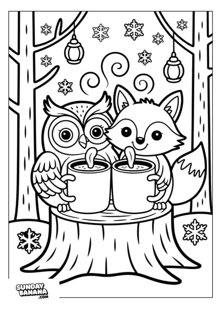 An owl and a fox sit together on a tree stump, each holding a mug with steam rising. They are in a forest with snowflakes falling and lanterns hanging from tree branches. The scene is outlined for coloring.