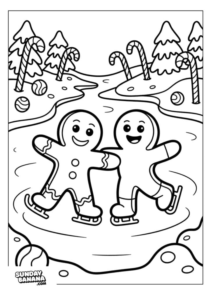 Two smiling gingerbread people ice skate hand-in-hand on a frozen pond. Candy canes, round candies, and snow-covered trees decorate the wintry landscape. The scene is outlined for coloring. SundayBanana.com is in the bottom left corner.
