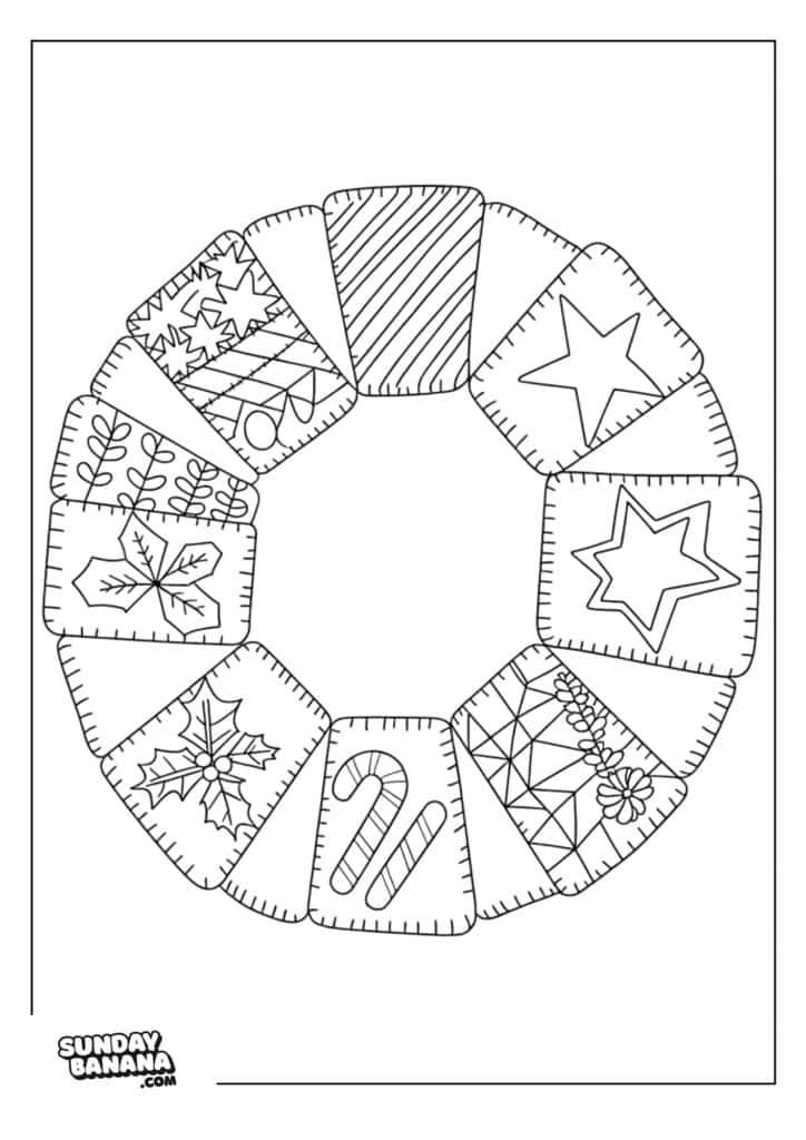Black and white coloring page of a wreath made of rectangular cookies. Each cookie has a festive design, including stars, holly, candy canes, pine branches, ornaments, and stripes. “Sunday Banana.com” is in the lower left corner.