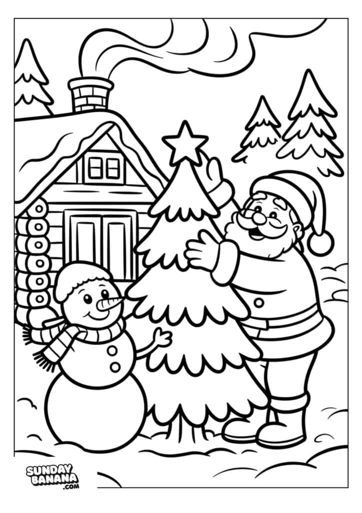 Santa Claus and a smiling snowman stand next to a decorated Christmas tree with a star on top, outside a snowy log cabin with smoke rising from the chimney. Pine trees and snow fill the background. Both characters look cheerful and festive.