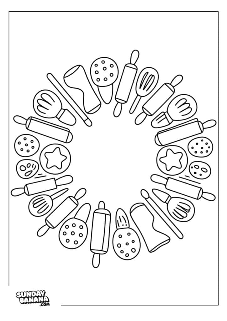 A circle made of baking tools and cookies, including rolling pins, whisks, cookie cutters, an hourglass, and cookies with various shapes, surrounds a blank center. The image is a black-and-white coloring page with Sunday Banana in the bottom left corner.