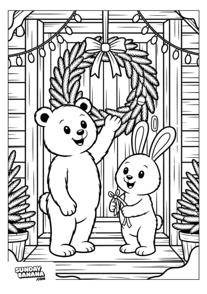A bear and a rabbit stand on a porch decorated with string lights and plants. The bear is reaching up to a large wreath hanging on the door, while the rabbit holds a small gift. Both animals are smiling, and the scene feels festive and cheerful.