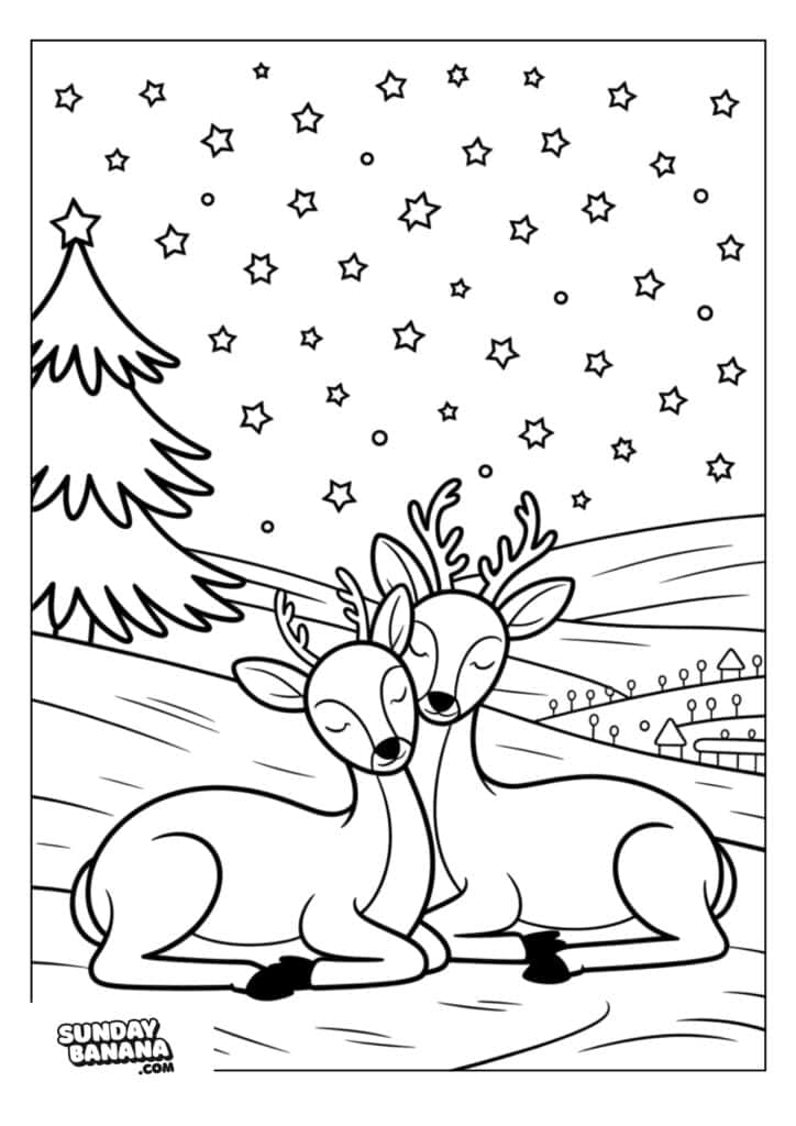 Two reindeer with closed eyes and antlers rest close together on a snowy hill. Behind them are a pine tree, star-filled sky, and a distant village with small houses. The scene is outlined for coloring.