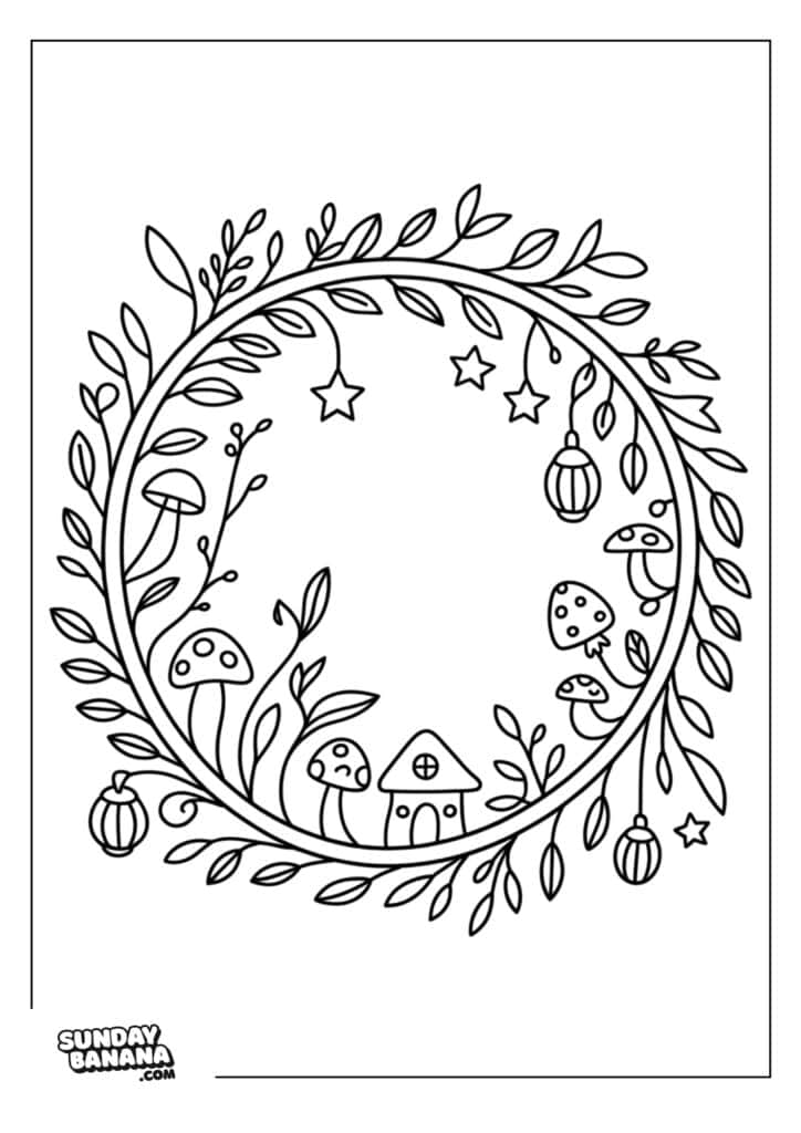 A circular wreath of leafy branches frames a whimsical scene with mushrooms, a small house, and hanging lanterns. Stars dangle from the top, and the illustration has a hand-drawn, coloring-page style. “SundayBanana.com” appears in the lower left corner.