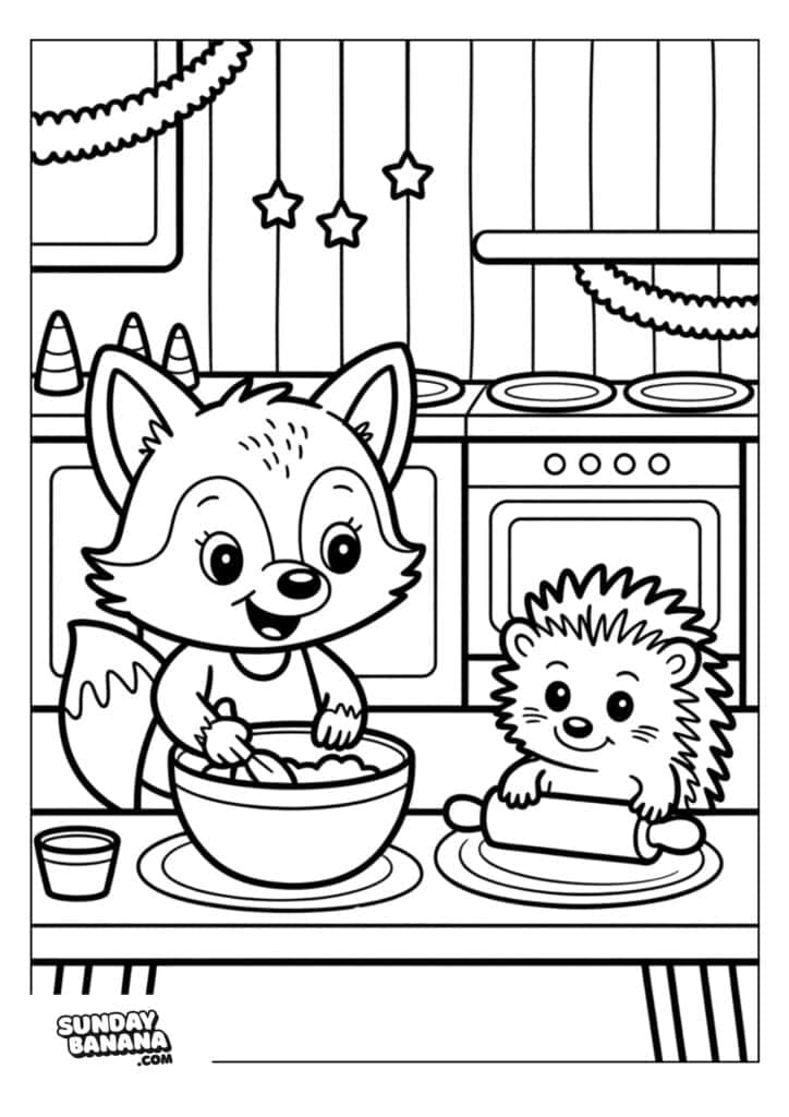 A fox and a hedgehog cook together in a kitchen. The fox stirs a bowl, while the hedgehog rolls dough with a rolling pin. The kitchen has ovens, garlands, and stars hanging. Both animals appear happy and the scene is outlined for coloring.