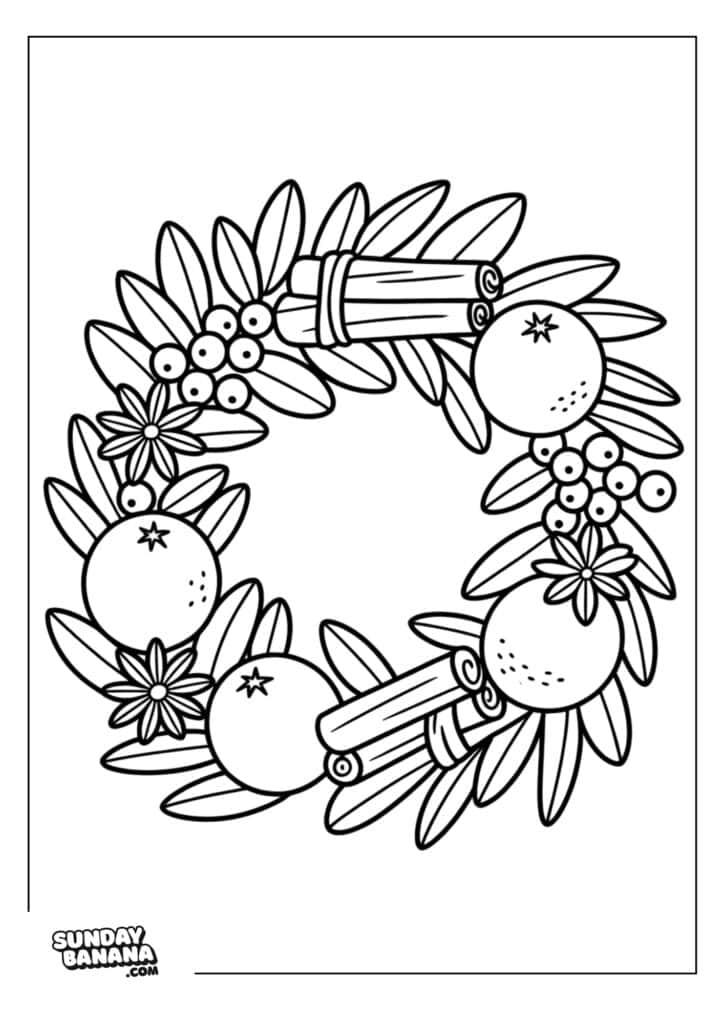 Black and white illustration of a holiday wreath made of leafy branches, cinnamon sticks, star anise, berries, and round citrus fruits. The wreath forms a circle with simple outlines, suitable for coloring. “SundayBanana.com” is in the bottom left corner.
