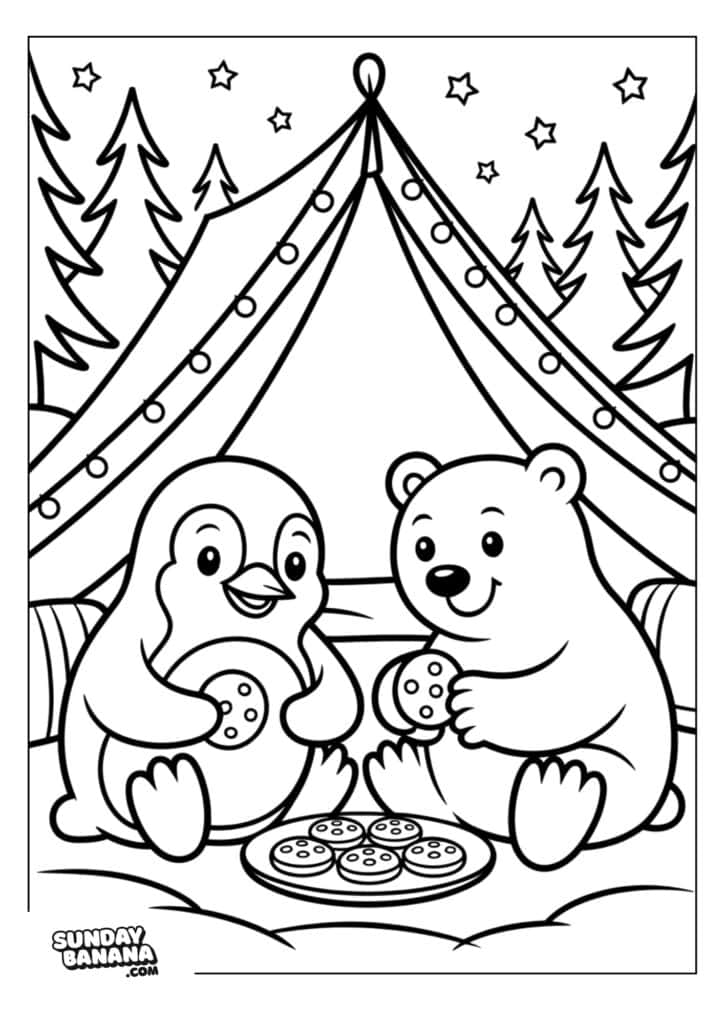 A penguin and a bear sit together in front of a tent, surrounded by trees and stars. They are smiling and holding cookies, with a plate of cookies placed between them. The scene is outlined for coloring.