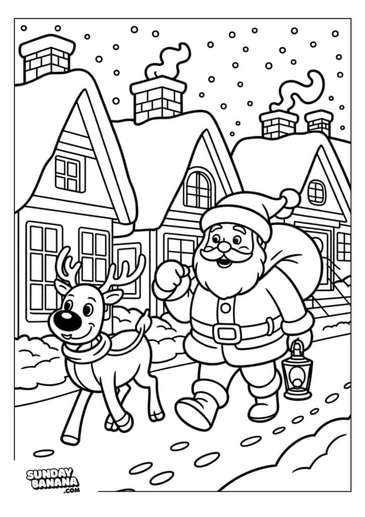 Santa Claus walks cheerfully with a reindeer along a snowy path in front of houses, carrying a lantern and a sack of gifts. The houses have snow-covered roofs and chimneys with smoke, and snowflakes fall gently in the sky.