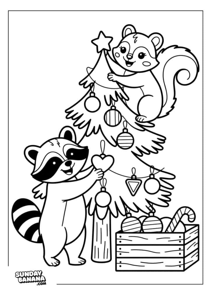 A raccoon and a squirrel decorate a Christmas tree with ornaments. The raccoon stands on the ground holding a heart-shaped ornament, while the squirrel places a star on top. A crate with candy canes and ornaments sits next to the tree.