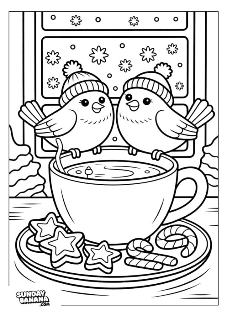 Two birds wearing winter hats perch on a steaming cup of hot drink. The cup sits on a plate with star-shaped cookies and candy canes. Snowy window and wintery scene in the background, creating a cozy holiday atmosphere.