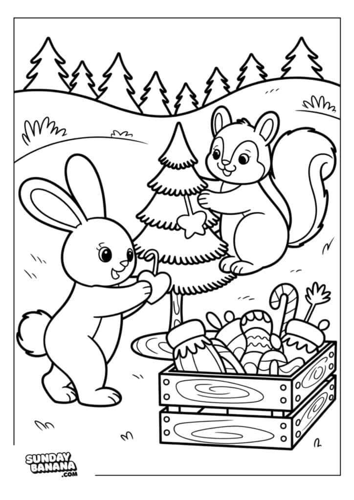 A rabbit and a squirrel decorate a small pine tree outside. The rabbit hangs an ornament while the squirrel places a star on top. Nearby is a crate filled with stockings, candy canes, and wrapped gifts. Pine trees and hills are in the background.