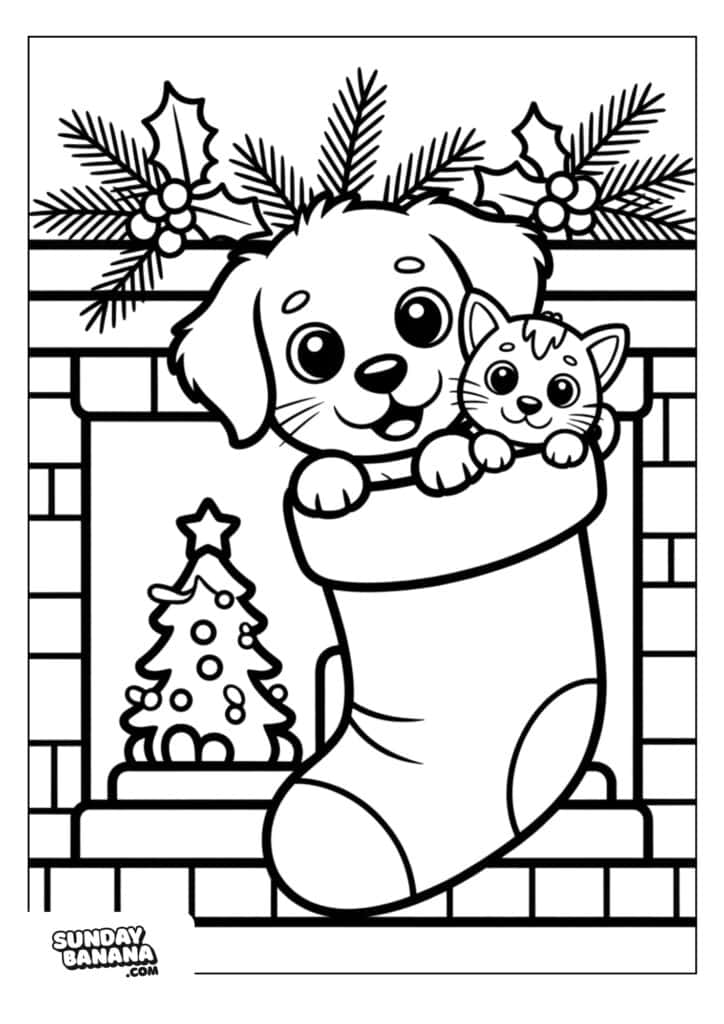 A cute puppy and kitten peek out from a large Christmas stocking hanging by a brick fireplace. Pine branches and holly decorate the mantel, and a small Christmas tree with ornaments is in front of the fireplace. The image is outlined for coloring.
