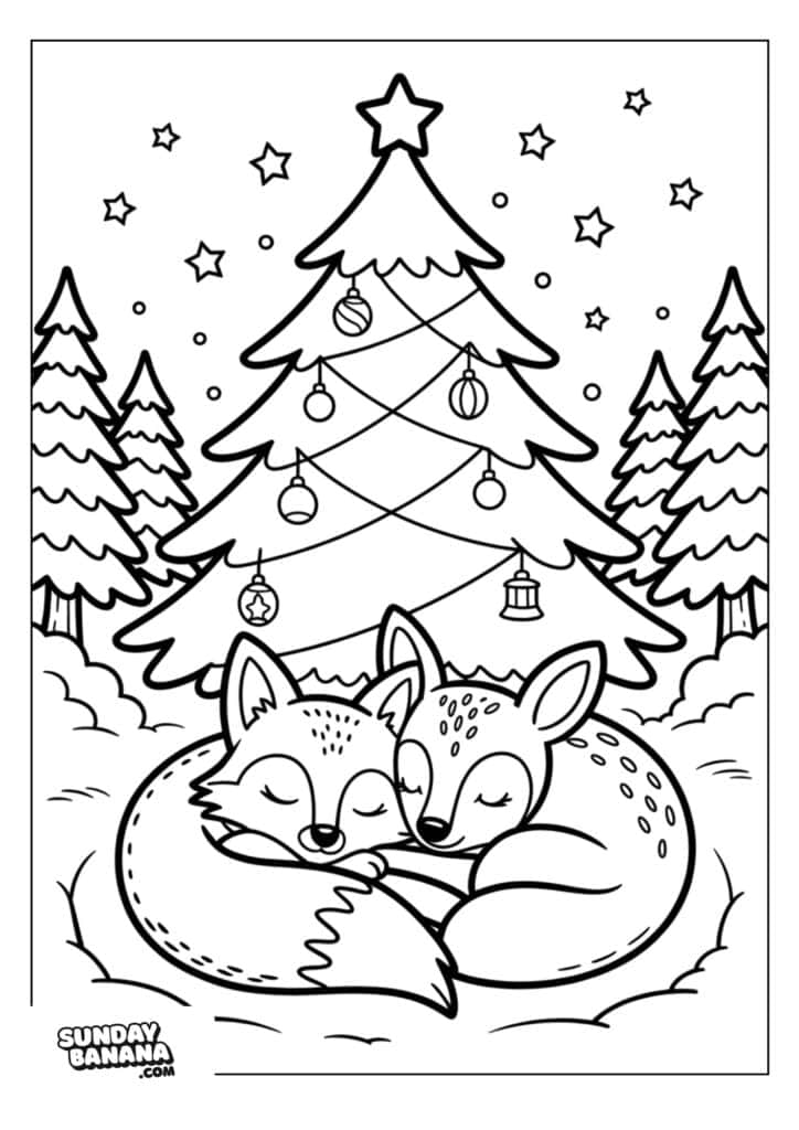 A fox and a fawn sleep curled together in front of a large decorated Christmas tree. Ornaments hang on the tree, and stars fill the sky. Snow covers the ground, and pine trees are in the background. The scene is outlined for coloring.