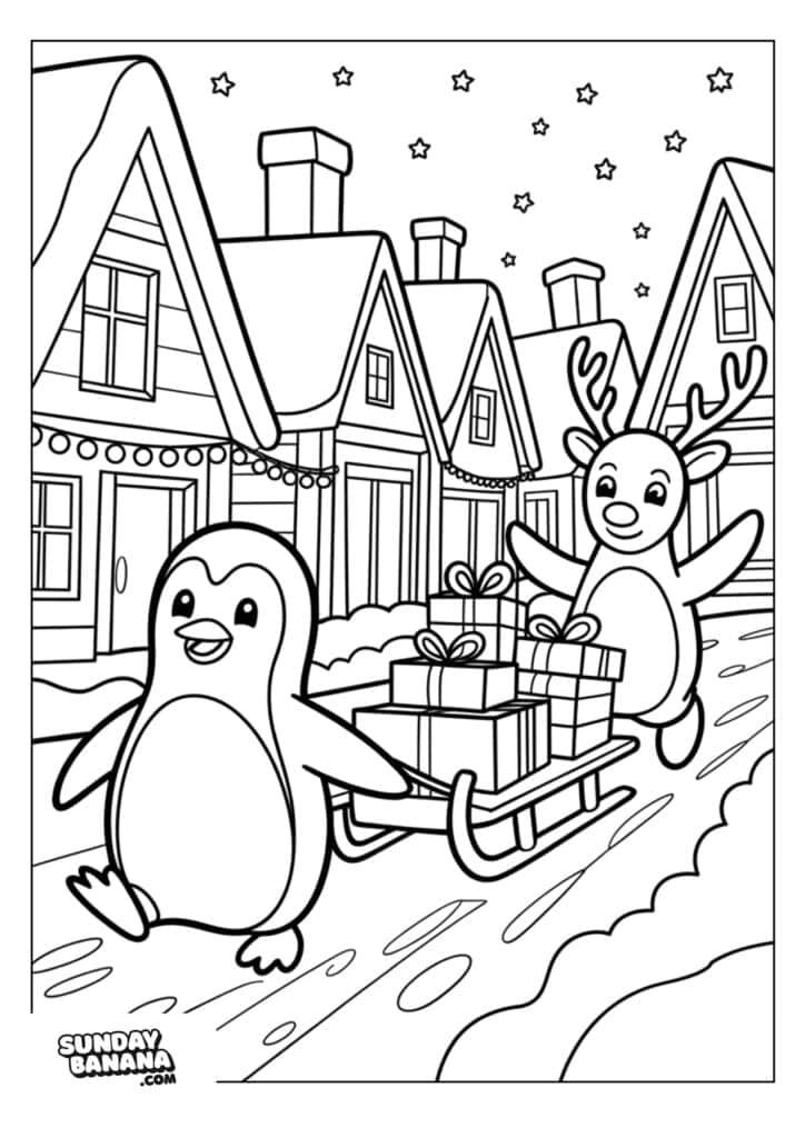 A cheerful penguin and reindeer pull a sled stacked with wrapped gifts down a snowy village street. Cozy houses with festive lights line the background, and stars shine in the night sky above. The scene is joyful and holiday-themed.