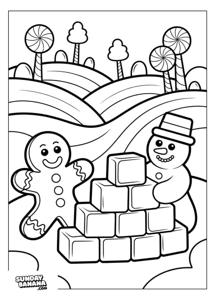 A smiling gingerbread person and a snowman with a top hat stand beside a pyramid of blocks. The background shows hills, candy-like trees, and a winding path. The scene is outlined for coloring and has a playful, whimsical style.