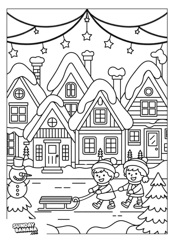 Two children in winter clothes pull a sled on a snowy street. Behind them are decorated houses with snow-covered roofs. A snowman stands to the left. Stars and garlands hang overhead. Pine trees are scattered around, creating a festive winter scene.