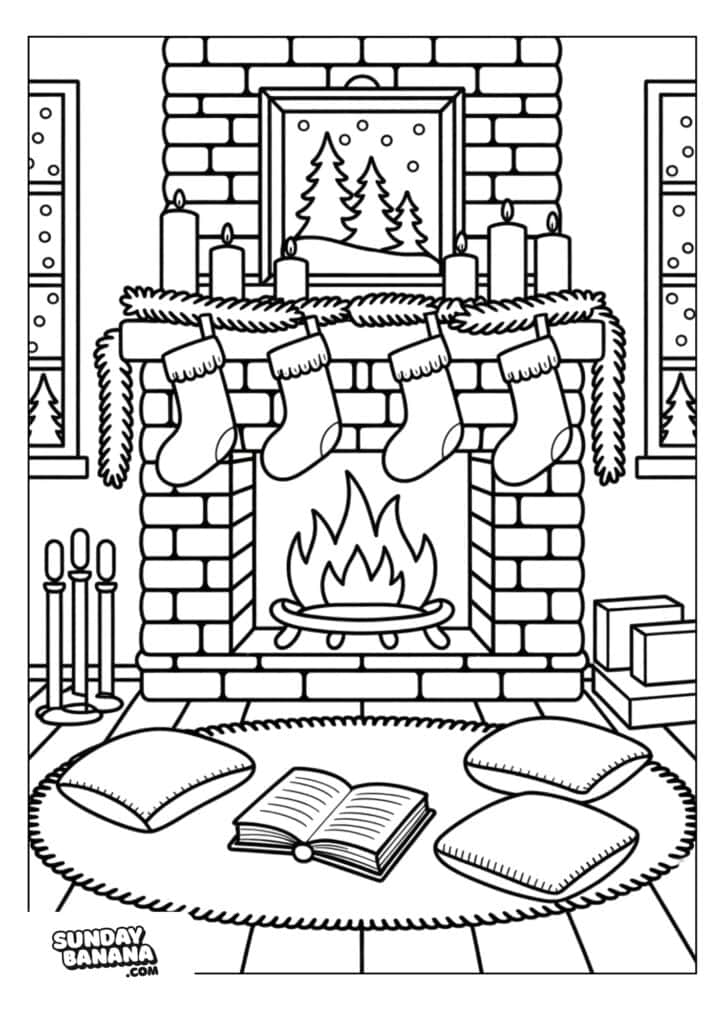 A cozy fireplace scene with four stockings and candles on the mantel, a fire burning, windows showing snow and trees, an open book and four pillows on a round rug, candles on the left, and gift boxes on the right.