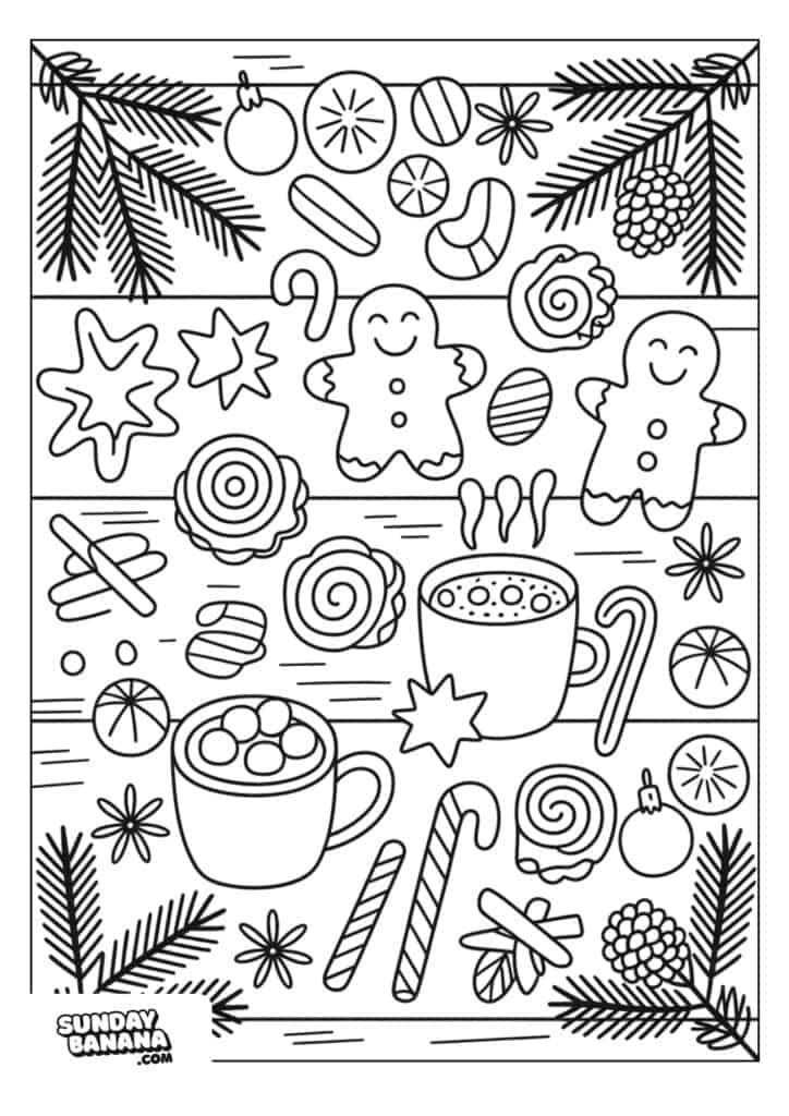 Coloring page with smiling gingerbread people, mugs of hot cocoa, candy canes, cookies, stars, Christmas ornaments, and pine branches. The festive items are arranged in neat rows with holiday treats and decorations scattered throughout.