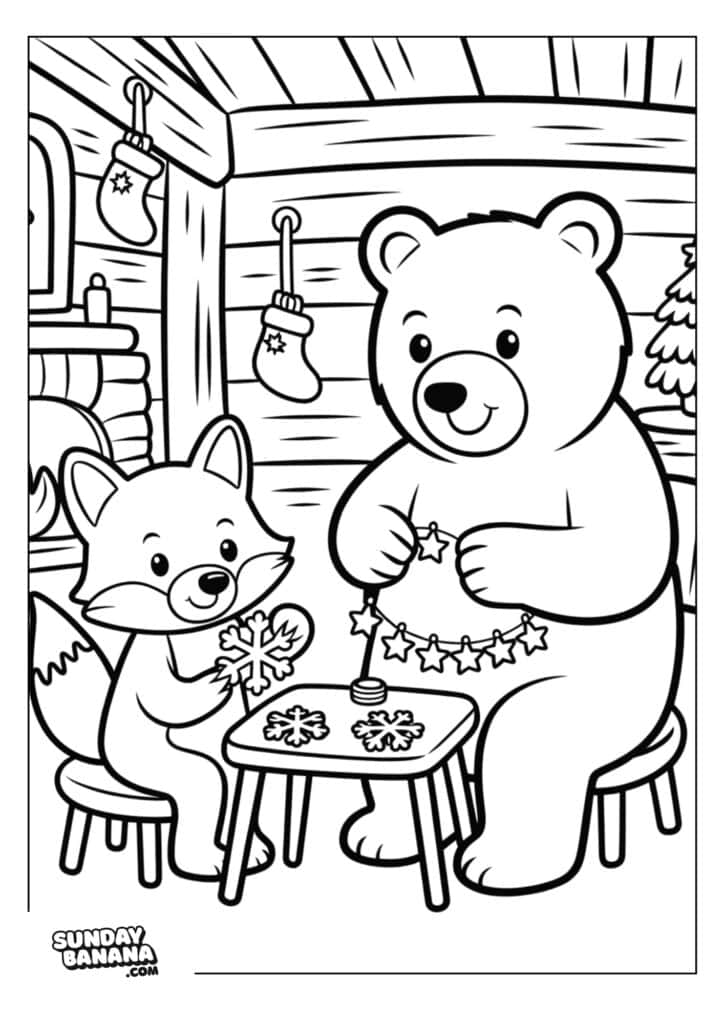 A bear and a fox sit on stools at a small table inside a cozy cabin. The bear strings star-shaped ornaments, while the fox decorates snowflake cookies. A fireplace, stocking, and decorated tree are in the background, creating a festive, warm atmosphere.