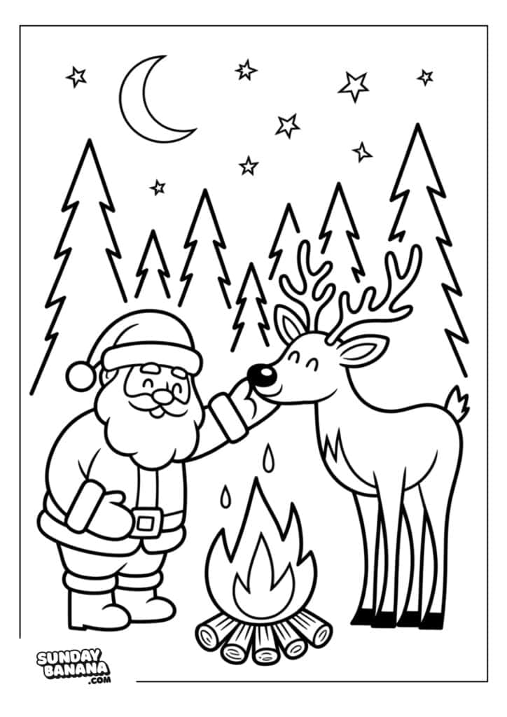Santa Claus smiles and pats a reindeer beside a campfire in a snowy forest. Tall pine trees, stars, and a crescent moon fill the night sky in the background. The scene is outlined for coloring.