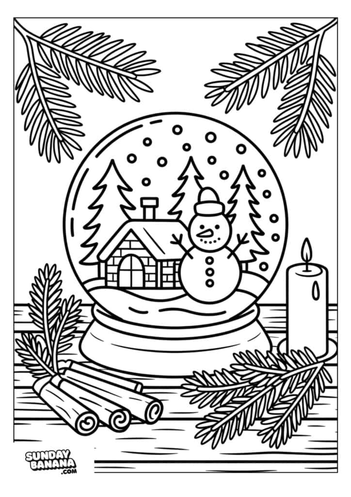 A detailed coloring page shows a snow globe with a snowman, trees, and a house inside. Pine branches frame the scene. In the foreground are a candle, pine sprigs, and cinnamon sticks on a wooden surface. Snow falls inside the globe.
